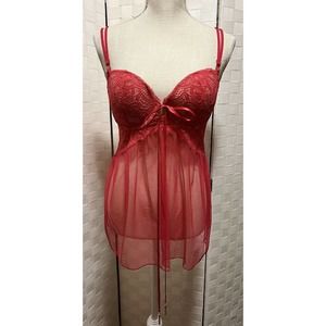 Victoria’s Secret Red Nightie Fairly Sheer Underwired 36C Tassle Bow Tie Front